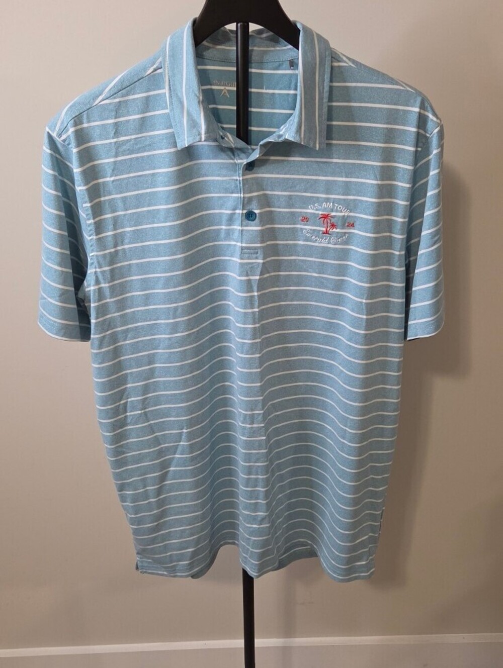 Callaway Antigua Emerald Coast Light Blue White Golf Polo with Palm Tree sz L